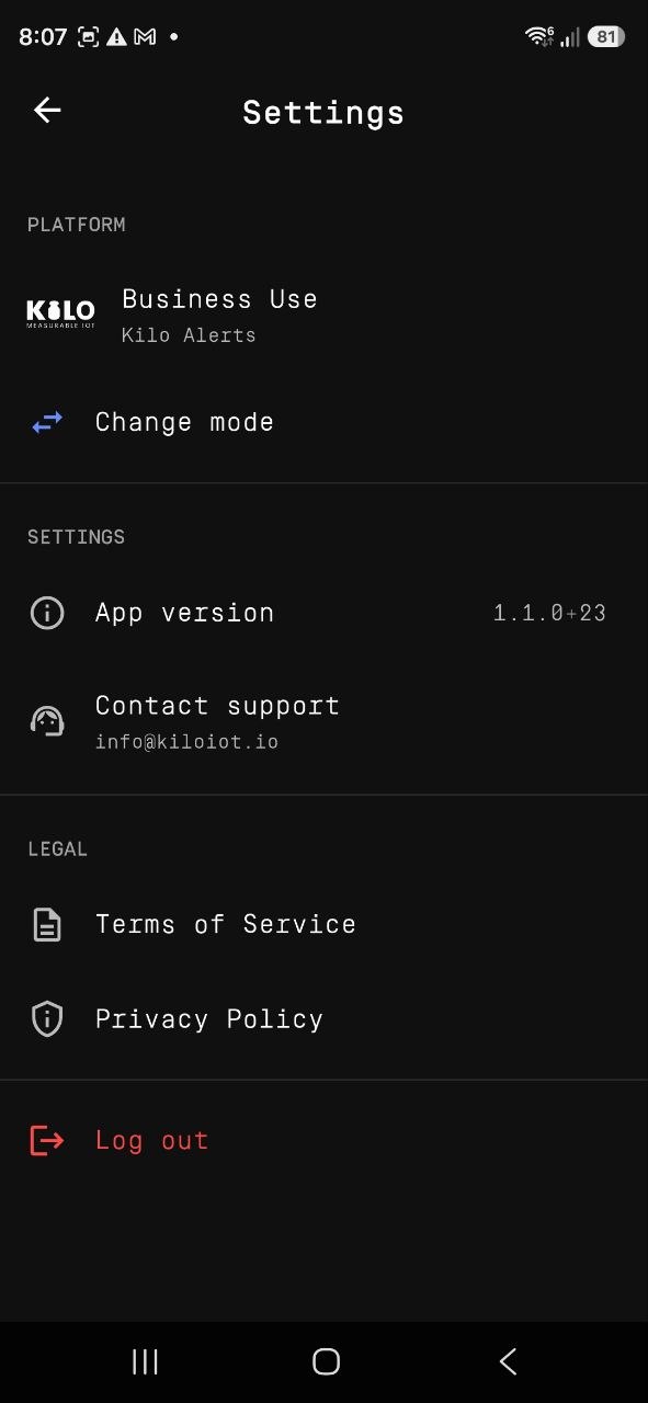 Kilo Alerts Settings screen showing the Platform section, Change mode, app version, and account options
