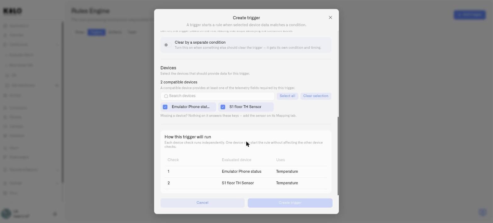 The Kilo trigger device selector and one preview row for each watched device