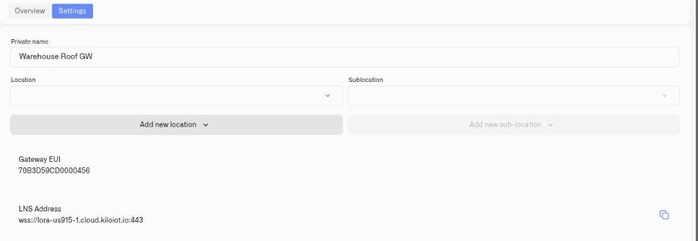 The Settings tab of a gateway with the Location and Sublocation dropdowns and the Add new location controls