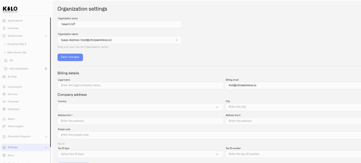 The Billing details section of Organization settings with legal name, billing email, company address, and Tax Id fields
