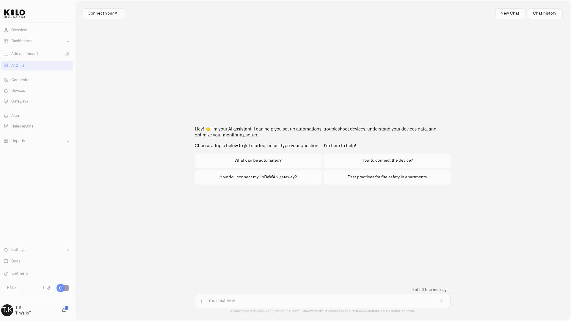 The Kilo IoT AI assistant ready to help set up automations, devices, and alerts