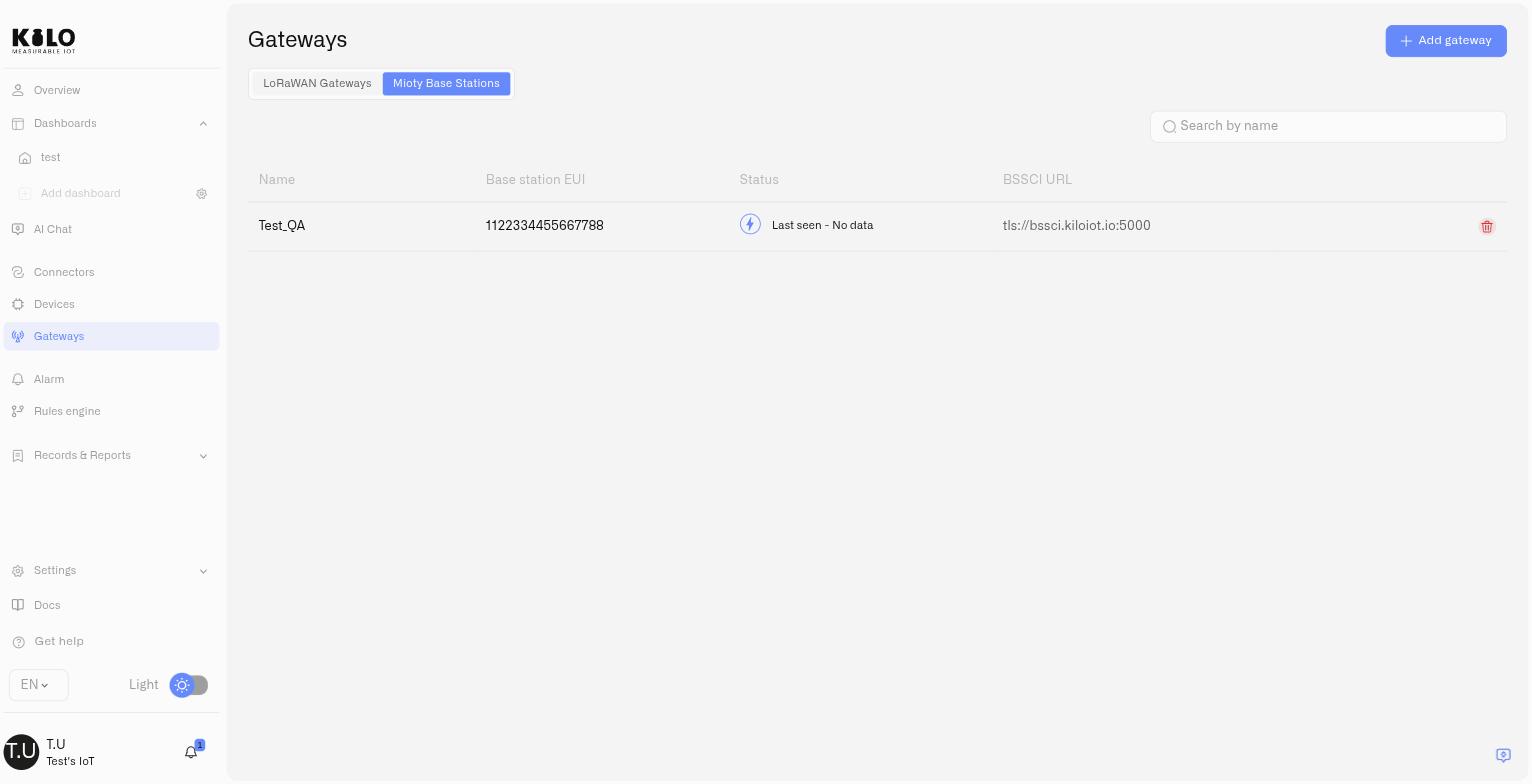 The Mioty Base Stations tab showing a registered station with its EUI, status and BSSCI address