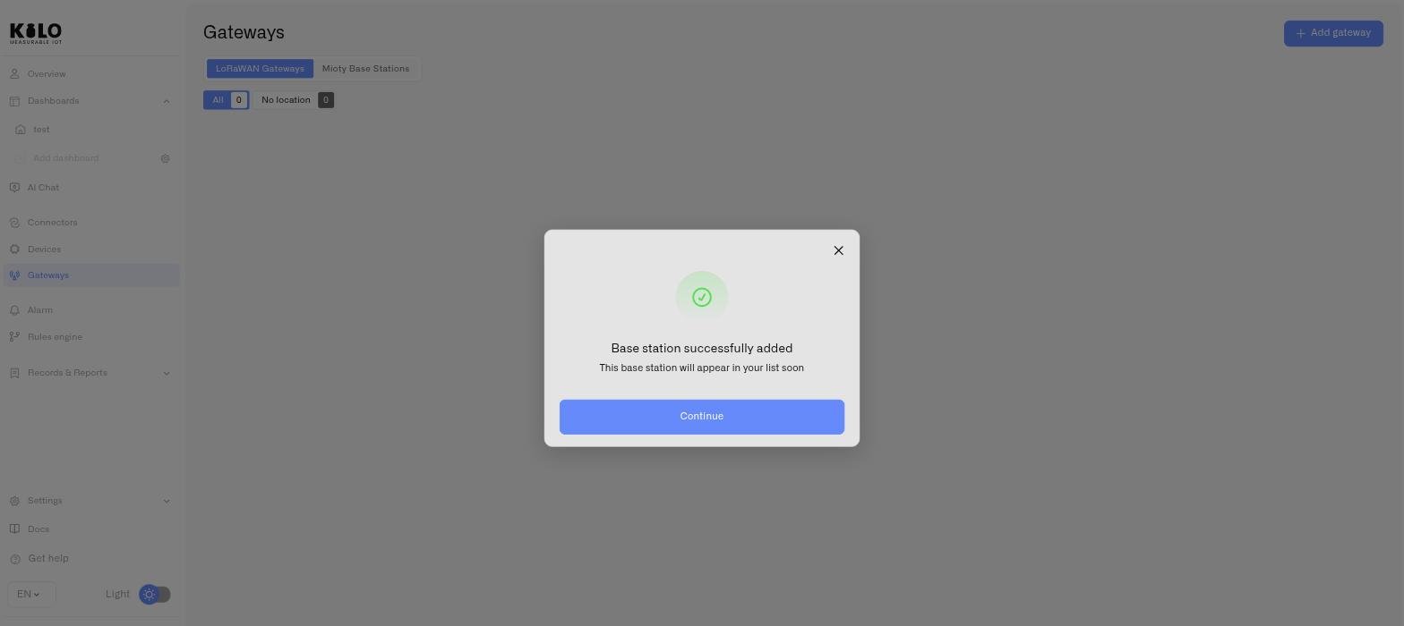 The confirmation step reading Base station successfully added