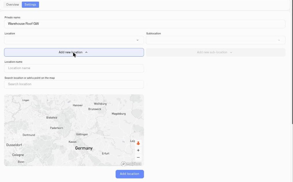 The Add new location form with a name field, a location search box and a map for placing the point