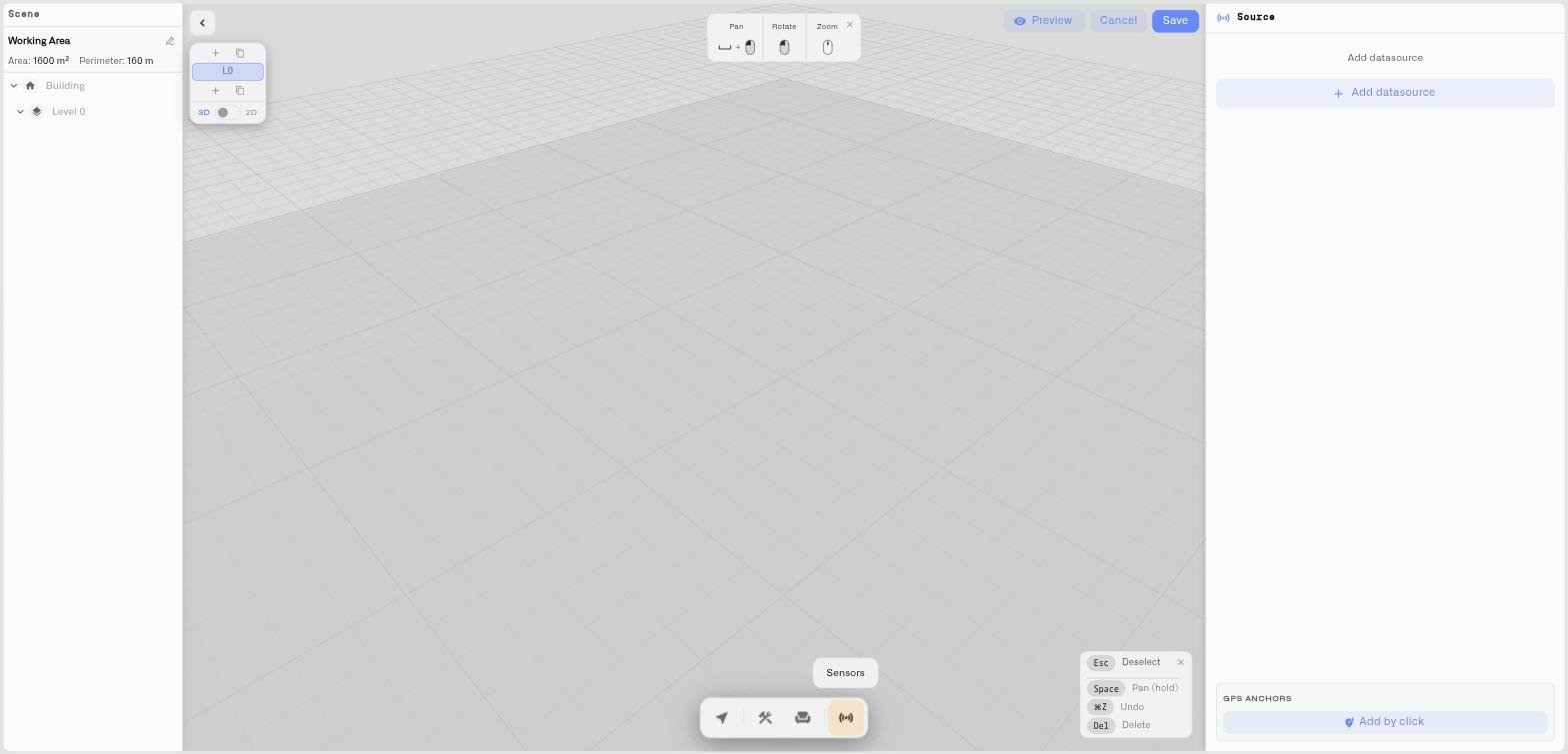 The Sensors panel open on the right of the editor, headed Source, with Add datasource and the GPS Anchors section