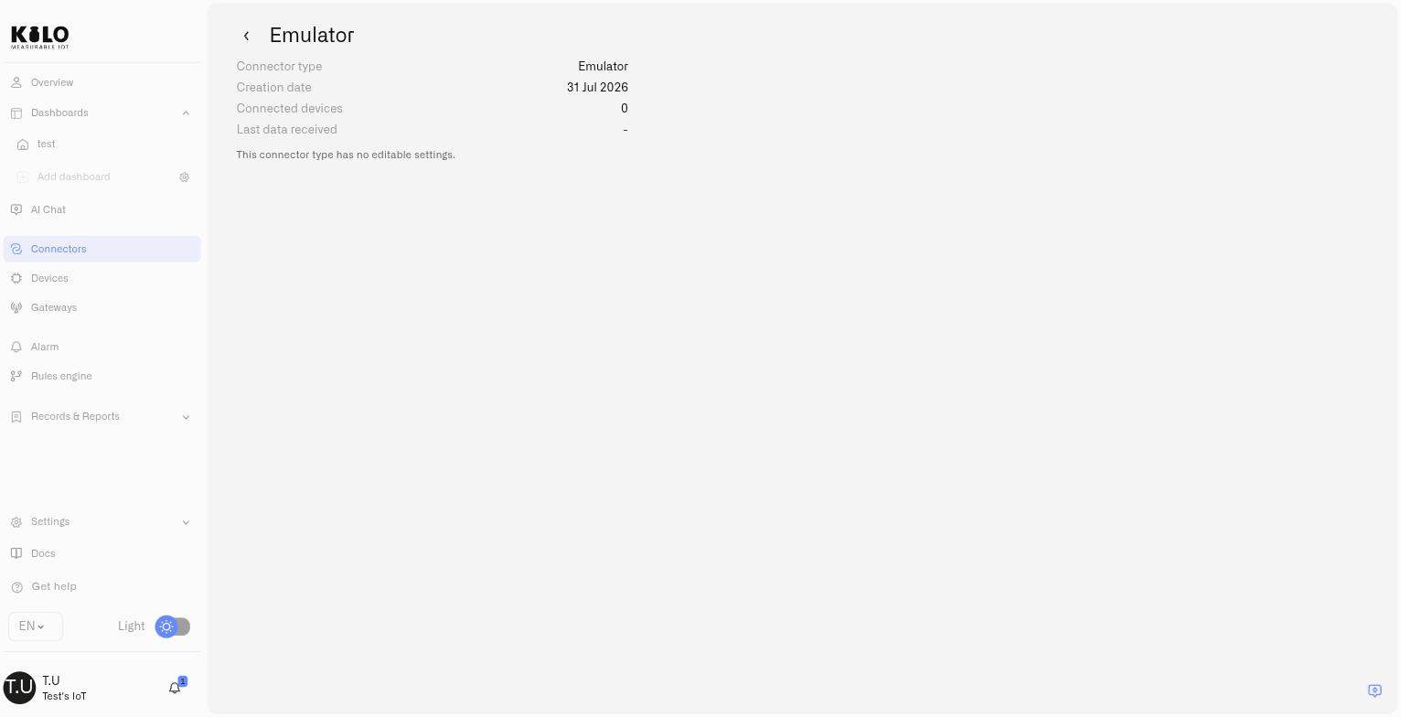 The Emulator connector page confirming it has no editable settings