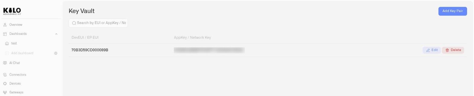 The Key Vault listing a stored DevEUI and its key, with search, Add Key Pair, Edit and Delete
