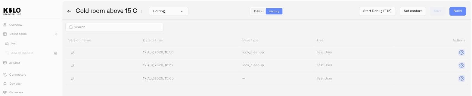 The History tab listing saved versions with their date, save type and author