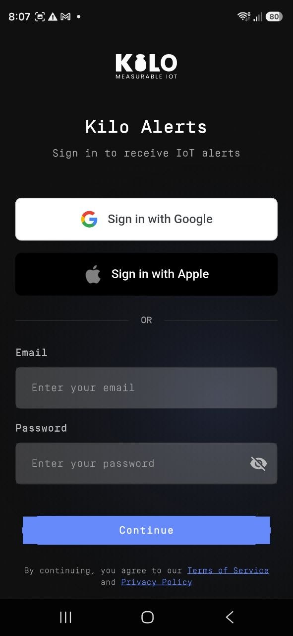 Kilo Alerts sign-in screen with Google, Apple, and email options