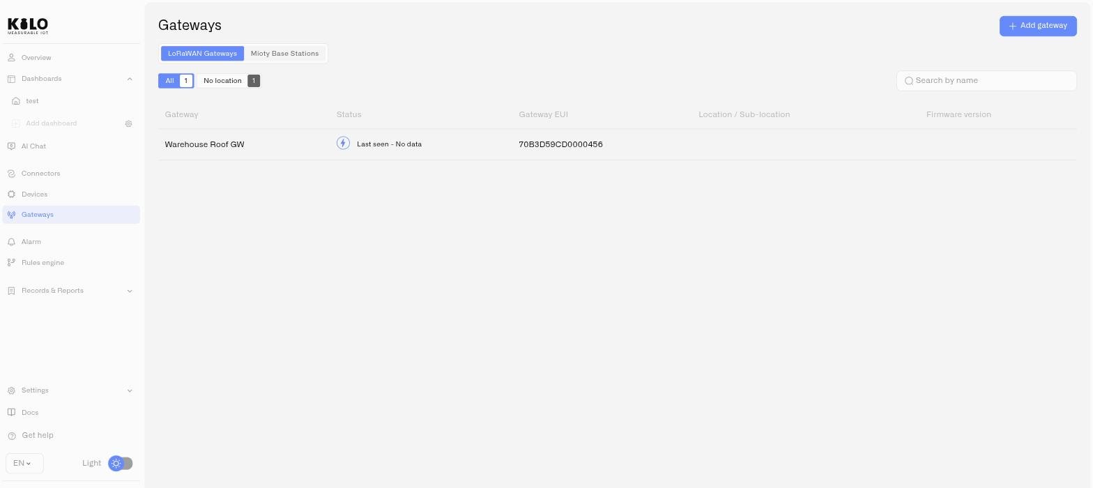 The LoRaWAN Gateways list with the status, EUI, location and firmware columns