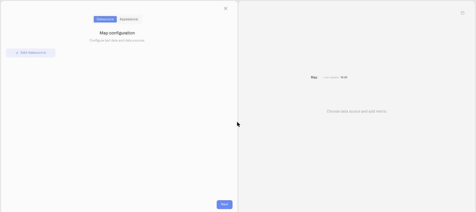 The Map configuration dialog with its Datasource and Appearance tabs and the widget preview