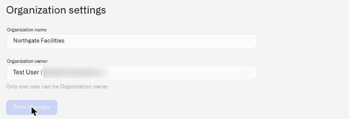 The Organization settings page with the organization name field, the owner dropdown and the Save changes button