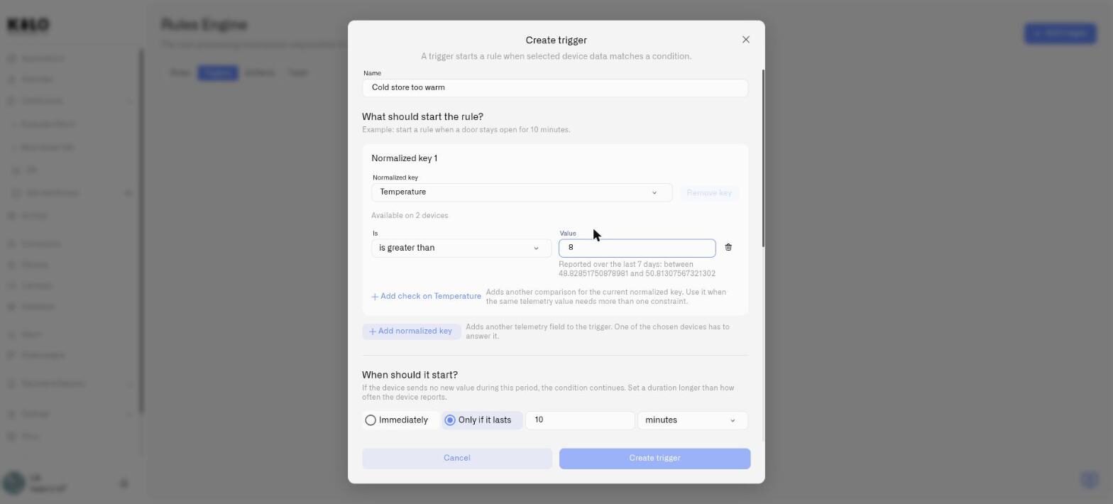 The Kilo Create trigger dialog showing a condition and its timing choice