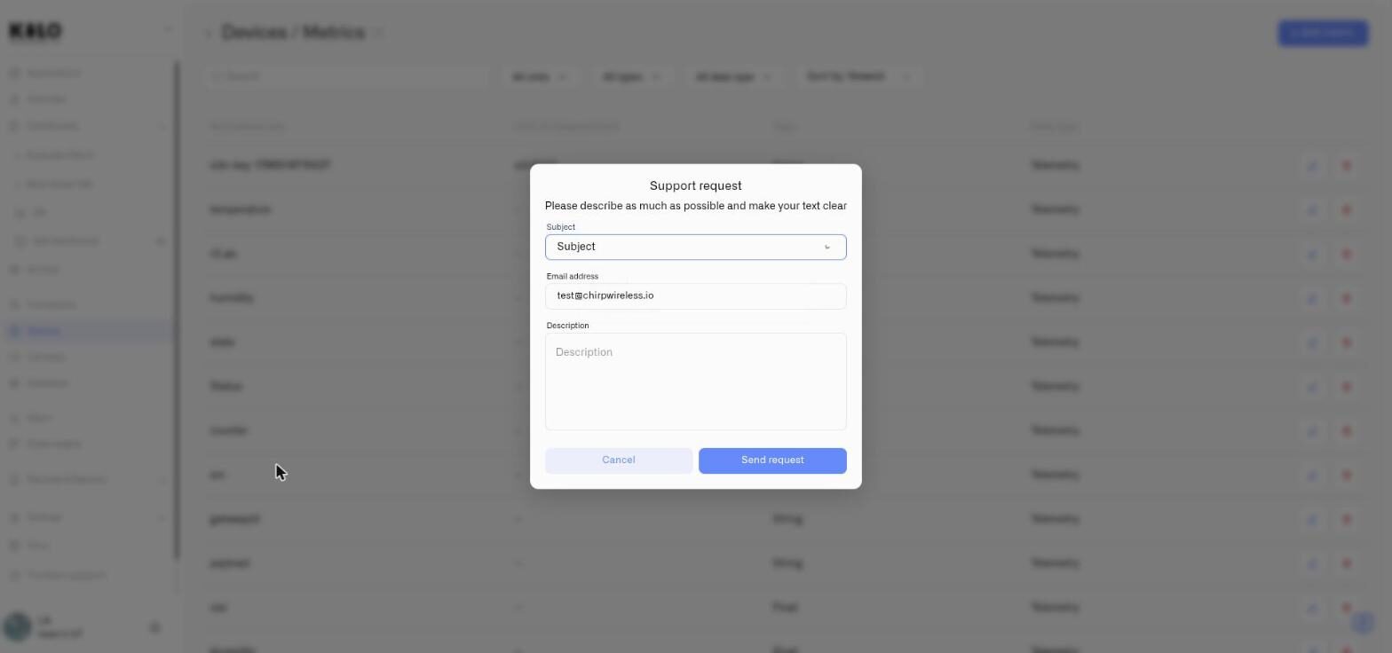 The Support request dialog with the Subject dropdown, email address and description fields